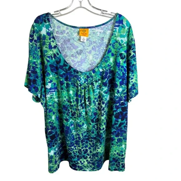 Ruby Rd. Shirt Womens 3X Green Blue Scoop Neck Pleated Short Sleeve Plus Size - Picture 3 of 6